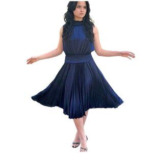 Size 14 NAVY BLUE SHINY SMOCKED HIGH‎ NECK PLEATED MIDI DRESS Special Occasion